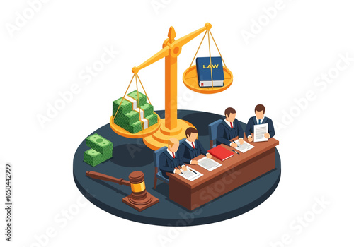 Isometric 3D illustration of justice scale weighing money and law book with judges at desk and gavel, symbolizing legal system, business law, corruption, justice, and corporate governance