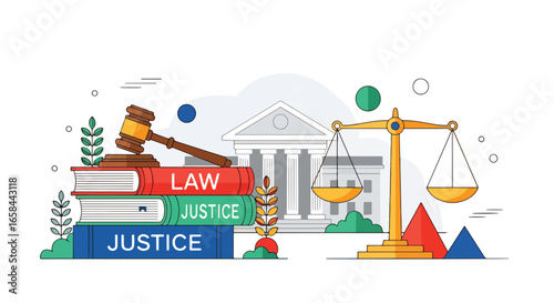 Flat vector illustration of courthouse with scales of justice, gavel, and law books, symbolizing legal system, business law, corporate governance, justice, compliance, and professional legal services