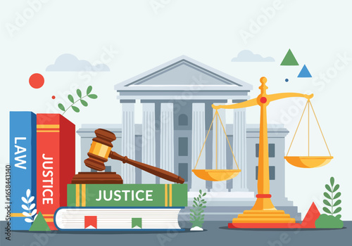 Flat vector illustration of courthouse with scales of justice, gavel, and law books, symbolizing legal system, business law, corporate governance, justice, compliance, and professional legal services