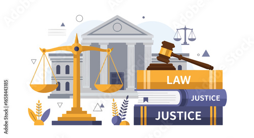 Flat vector illustration of courthouse with scales of justice, gavel, and law books, symbolizing legal system, business law, corporate governance, justice, compliance, and professional legal services