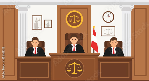 Flat vector illustration of courtroom with three judges sitting at bench, scales of justice, flags, and law symbols, representing justice, corporate law, business governance, and professional legal