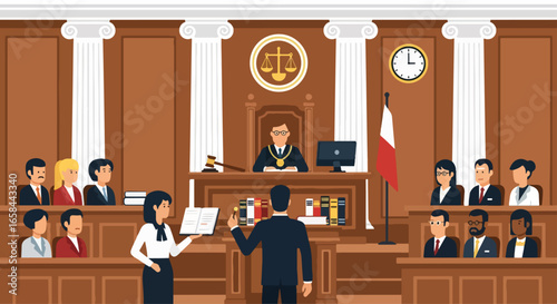 Flat vector illustration of courtroom trial with judge, lawyers, jury, and audience, symbolizing justice, business law, legal services, corporate governance, and professional legal consultation