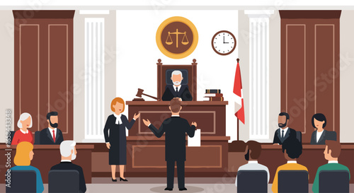 Flat vector illustration of courtroom trial with judge, lawyers, jury, and audience, symbolizing justice, business law, legal services, corporate governance, and professional legal consultation
