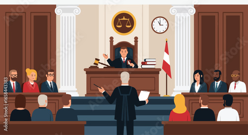 Flat vector illustration of courtroom trial with judge, lawyers, jury, and audience, symbolizing justice, business law, legal services, corporate governance, and professional legal consultation