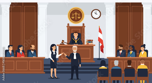 Flat vector illustration of courtroom trial with judge, lawyers, jury, and audience, symbolizing justice, business law, legal services, corporate governance, and professional legal consultation