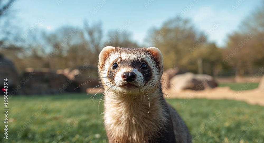 Fototapeta premium Curious Ferret Portrait on Green Grass, with a Blurred Background, Outdoors