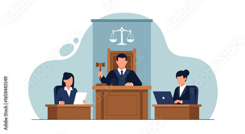 Flat vector illustration of courtroom with judge holding gavel and assistants working on documents and laptops, symbolizing business law, justice, corporate governance, and professional legal services