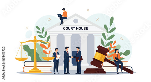 Flat vector illustration of courthouse with gavel, scales of justice, lawyers, and business professionals, symbolizing corporate law, justice, business agreement, legal services, and governance