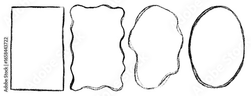 Hand drawn scalloped frame set. Chalk scribble wavy pencil texture curly borders collection. Pencil texture doodle organic frame.