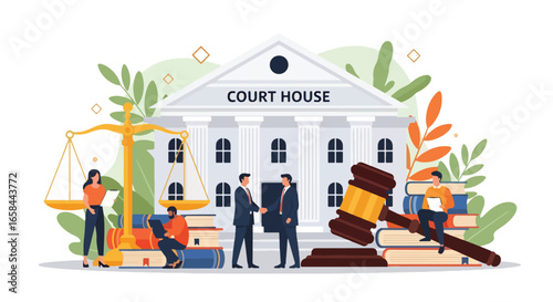 Flat vector illustration of courthouse with gavel, scales of justice, lawyers, and business professionals, symbolizing corporate law, justice, business agreement, legal services, and governance
