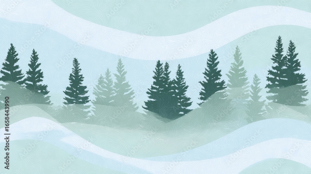 Fototapeta premium Stylized evergreen forest with wave patterns. AI generated