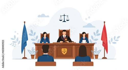 Flat vector illustration of courtroom session with judge, lawyers, and clients, featuring gavel, scales of justice, and flags, symbolizing business law, corporate governance, and legal services