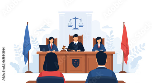 Flat vector illustration of courtroom session with judge, lawyers, and clients, featuring gavel, scales of justice, and flags, symbolizing business law, corporate governance, and legal services