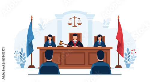 Flat vector illustration of courtroom session with judge, lawyers, and clients, featuring gavel, scales of justice, and flags, symbolizing business law, corporate governance, and legal services