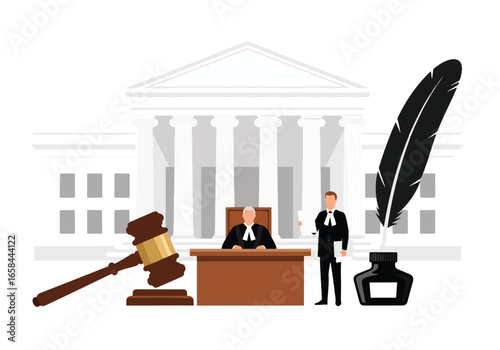 Flat vector illustration of judge and lawyer in court with gavel, documents, ink pen, and courthouse, symbolizing law, business justice, corporate regulation, and professional legal services