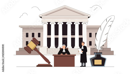 Flat vector illustration of judge and lawyer in court with gavel, documents, ink pen, and courthouse, symbolizing law, business justice, corporate regulation, and professional legal services