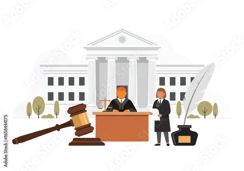 Flat vector illustration of judge and lawyer in court with gavel, documents, ink pen, and courthouse, symbolizing law, business justice, corporate regulation, and professional legal services