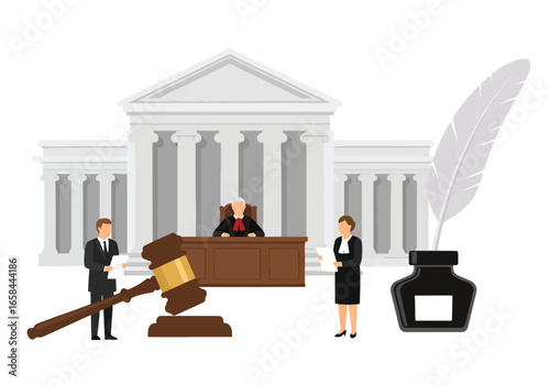 Flat vector illustration of judge and lawyer in court with gavel, documents, ink pen, and courthouse, symbolizing law, business justice, corporate regulation, and professional legal services