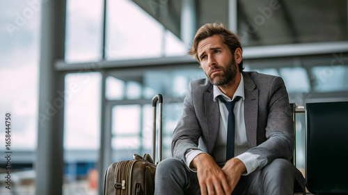 Despaired businessman passenger sitting with feeling sad at the airport, He was late for her flight on a business trip. Flight delay, Cancellation concept
