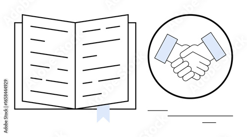 Open book with bookmark next to handshake inside circle conveying partnership, trust, education, and exchange. Ideal for learning, teamwork, agreement, collaboration, success reading simple flat