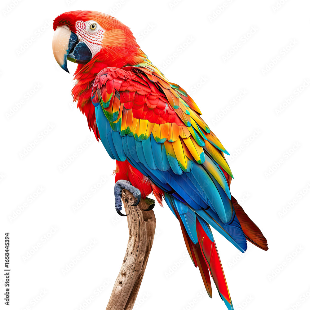 Obraz premium Vivid macaw perched on a branch, showcasing vibrant red, blue, and yellow feathers