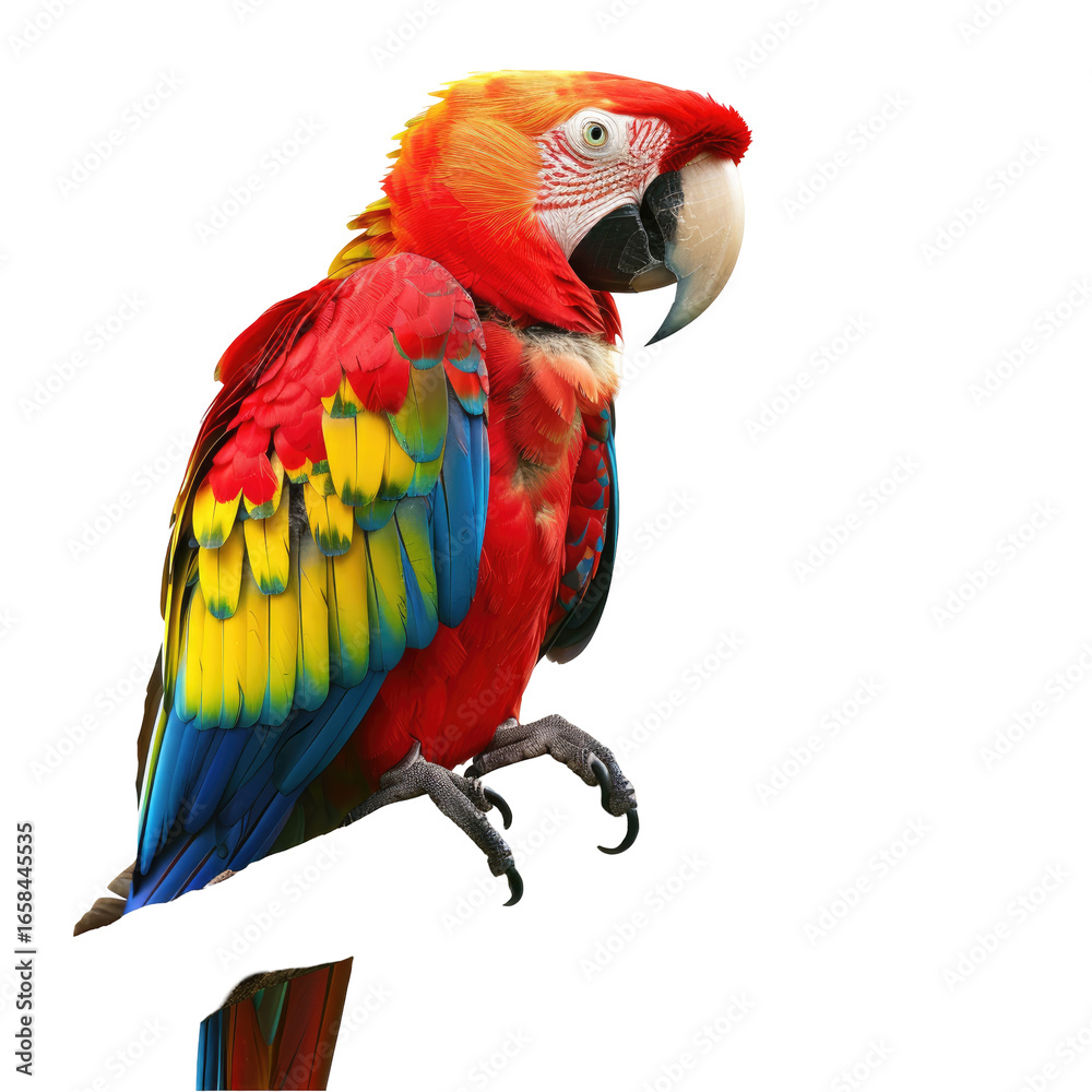 Obraz premium Scarlet Parrot Perches, Colorful Bird Posing in Studio, Head Turned to Right