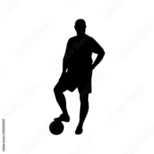 A bold silhouette of a male soccer player positioned in a poised stance, ready to play.