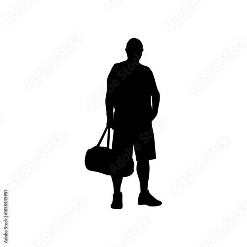 A bold, simple silhouette of a man carrying a duffel bag, standing confidently against a plain white background.