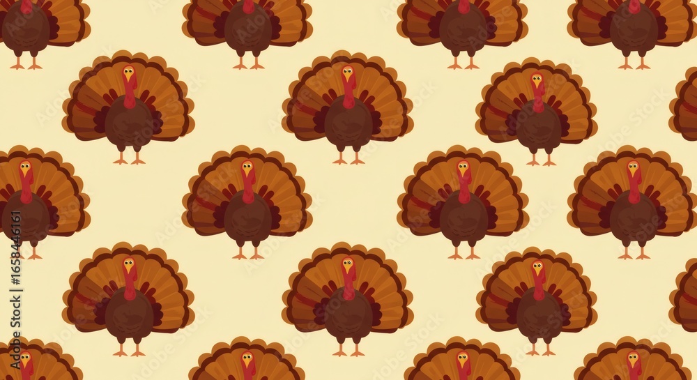 Fototapeta premium A delightful and festive seamless pattern featuring adorable cartoon turkeys, creating a cheerful Thanksgiving Wallpaper perfect for autumn holiday celebrations and seasonal digital designs.