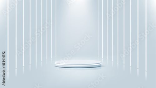 podium white background, product display stand is highlighted against glowing lines backdrop