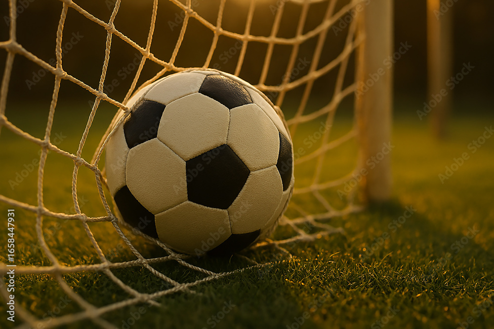 Fototapeta premium Stunning goal scored in a soccer match, ball perfectly nestled in the net with warm golden hour lighting creating a dramatic atmosphere