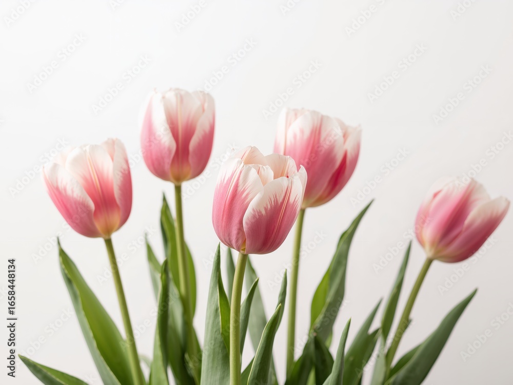 Fototapeta premium Delicate Pink and White Tulips Against a Clean White Background, Spring Flowers.
