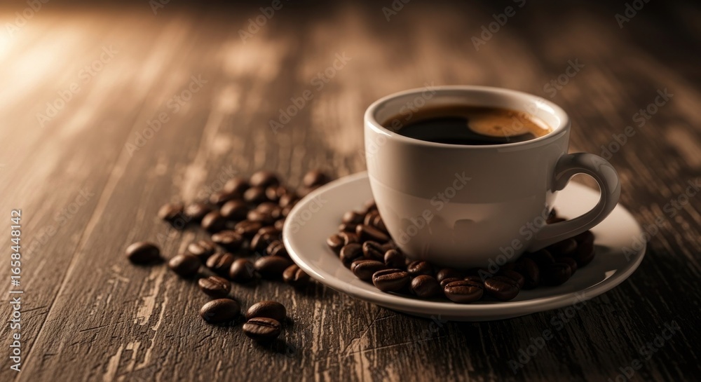 Fototapeta premium Cup of coffee with beans on a wooden surface, warm lighting