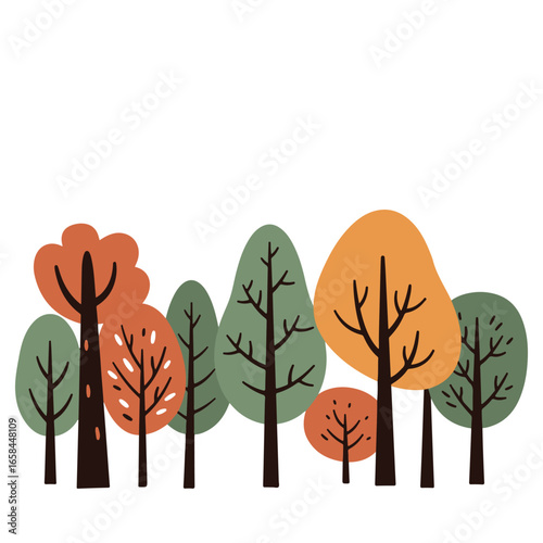 Autumnal trees in a stylized forest illustration, showcasing various colors and shapes