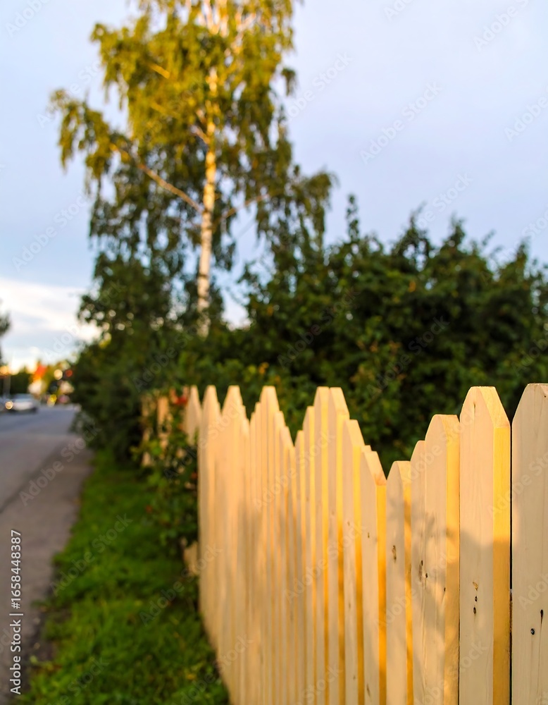 Fototapeta premium Light-colored wooden fence along a street with trees and foliage