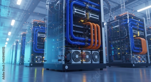 Highcapacity AI compute units with visible cooling pipes and power supplies set up on a professional data center build floor.