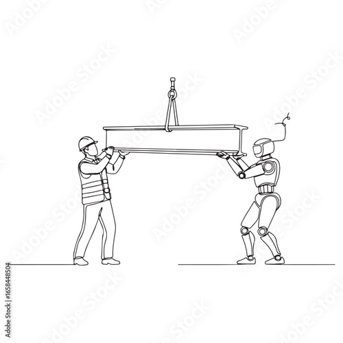 Single line drawing of worker and robot cooperate and carry steel together vector illustration