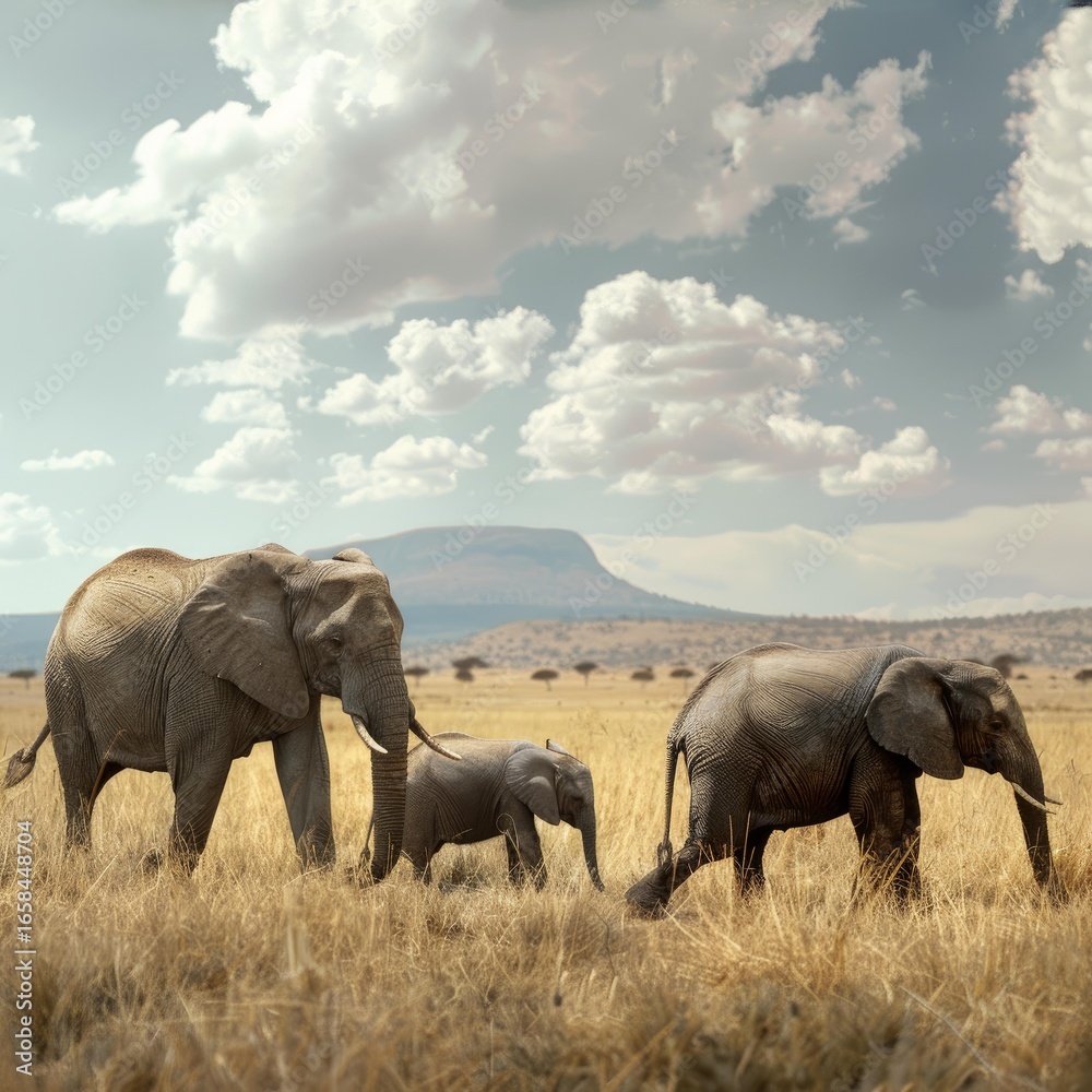 Fototapeta premium Elephant family walking in the african savanna with a mountain and trees on background under a cloudy sky