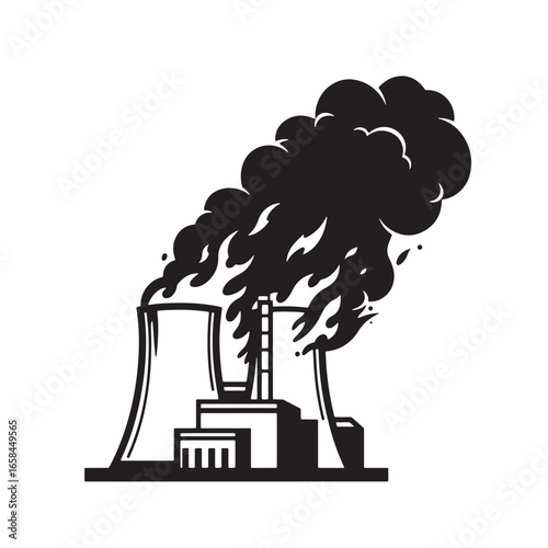 Black and white vector illustration of a power plant releasing toxic fumes into the air