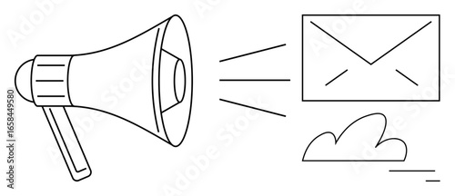 Megaphone emitting lines toward envelope signifying communication and messaging with a simple cloud detail. Ideal for marketing, email, digital campaign, advertising, outreach, notifications, simple