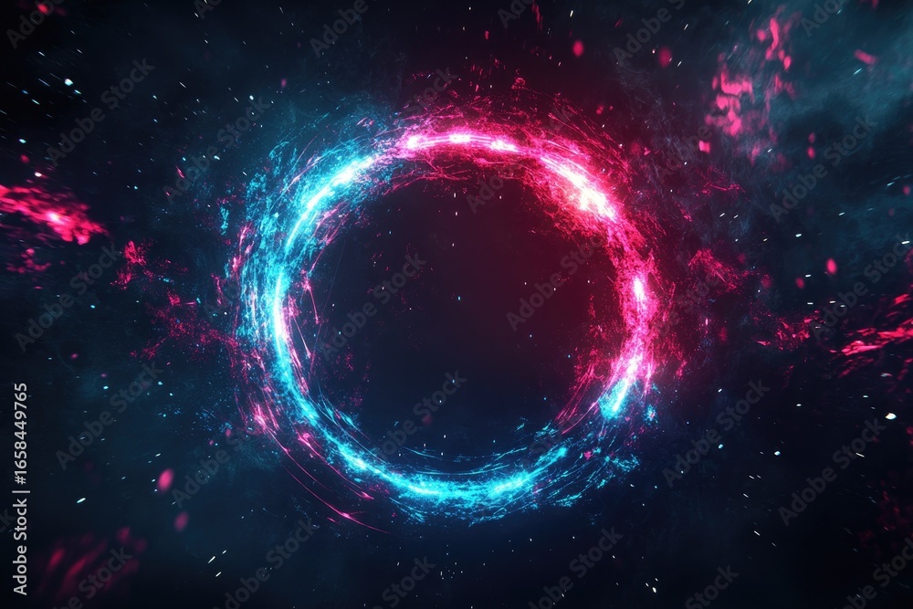 Fototapeta premium Neon light circle frame on a dark background, with a glowing effect in blue and pink colors.