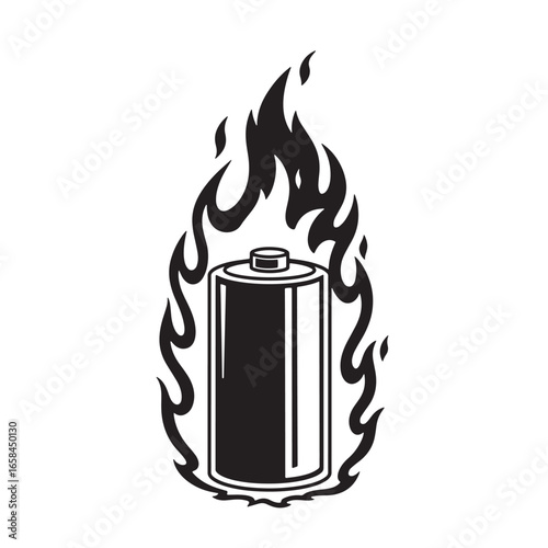 Burning battery illustration depicting overheating danger or power issues simple monochrome design