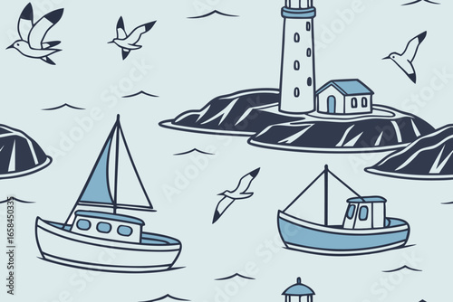 Seamless nautical illustration featuring a lighthouse sailboats seagulls and marine elements in a coastal pattern