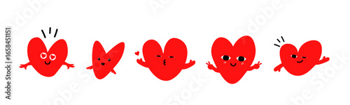 Red Hearts with legs and shoes. Various mood, face emotions. Cartoon style. Cute funny characters. Hand drawn Vector illustration. Love, Valentine's day, romance concept. Isolated design elements