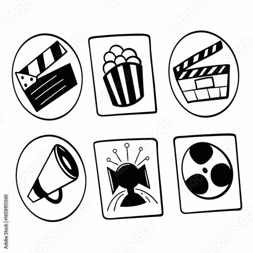 Hand drawn cinema icons set isolated on white background for movie and film industry