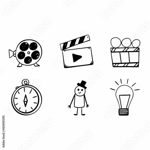 Hand drawn film and navigation icons set isolated on white background for movie industry