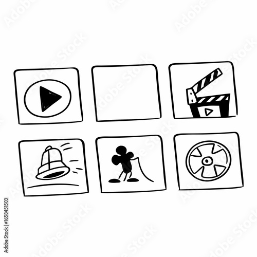Hand drawn icons in square frames isolated on white background, representing various media elements