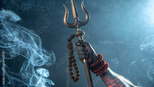 Divine hand of Lord Shiva holding Trishul, smoke and Sanskrit mantras in background, mystical mobile background image.

