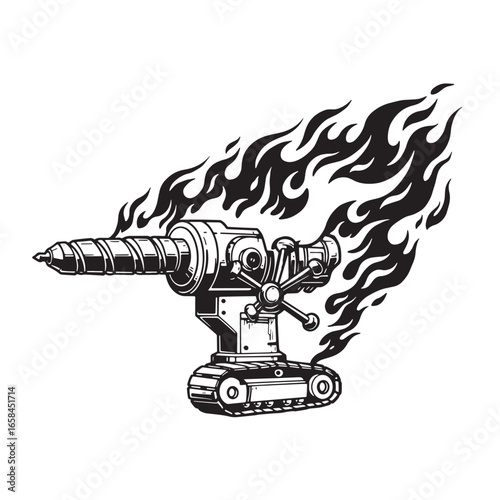 Detailed mechanical drill with flames on a treaded base black and white vector illustration