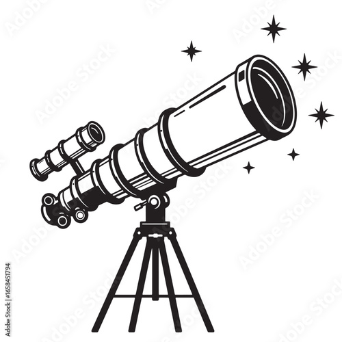 Detailed black and white telescope vector image depicting astronomy and celestial exploration